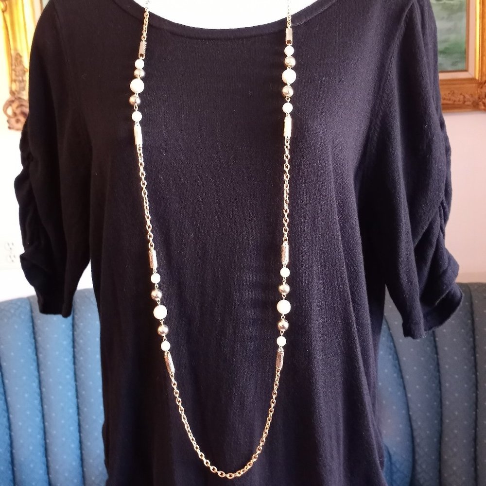Necklace Shiny, Eye-Catching 48" Beaded Gold Tone White-Item #210